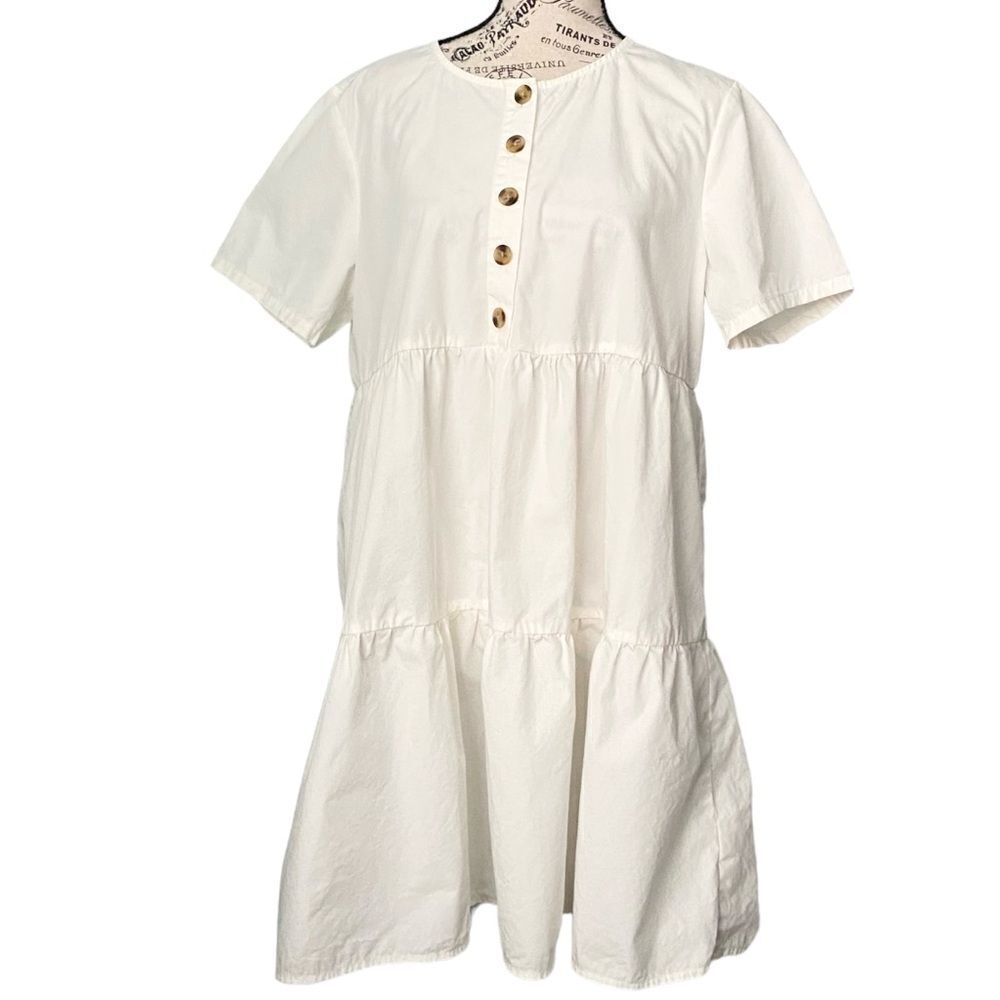 Madewell Button-Front Short Sleeve Tiered Mini Dress in Size Large in Lighthouse - Picture 7 of 12